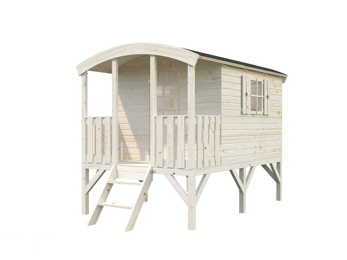 Wooden DIY Playhouse Kit on stilts with stairs and covered porch on white backround by WholeWoodPlayhouses