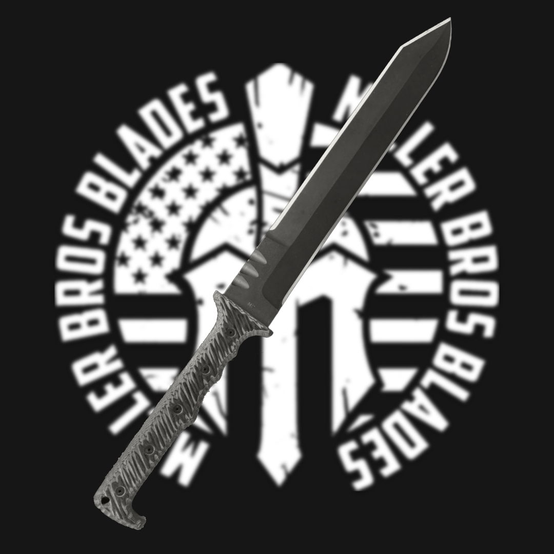 Knife in front of a logo with a Spartan helmet and American flag.