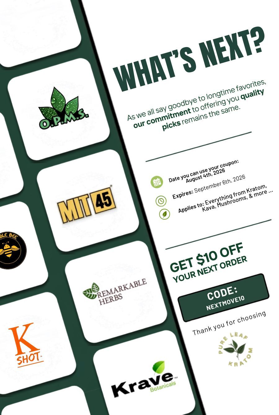 Promotional flyer with brand logos and discount offer for next order.