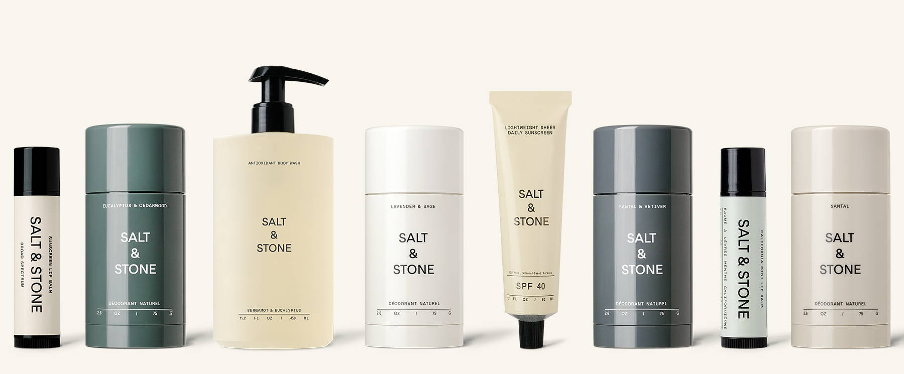 A line up of Salt & Stone product bottles.
