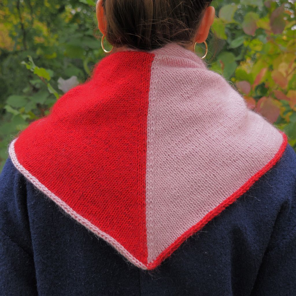 Eine Person, die ein rot-rosa Dreieckstuch trägt, von hinten gesehen.