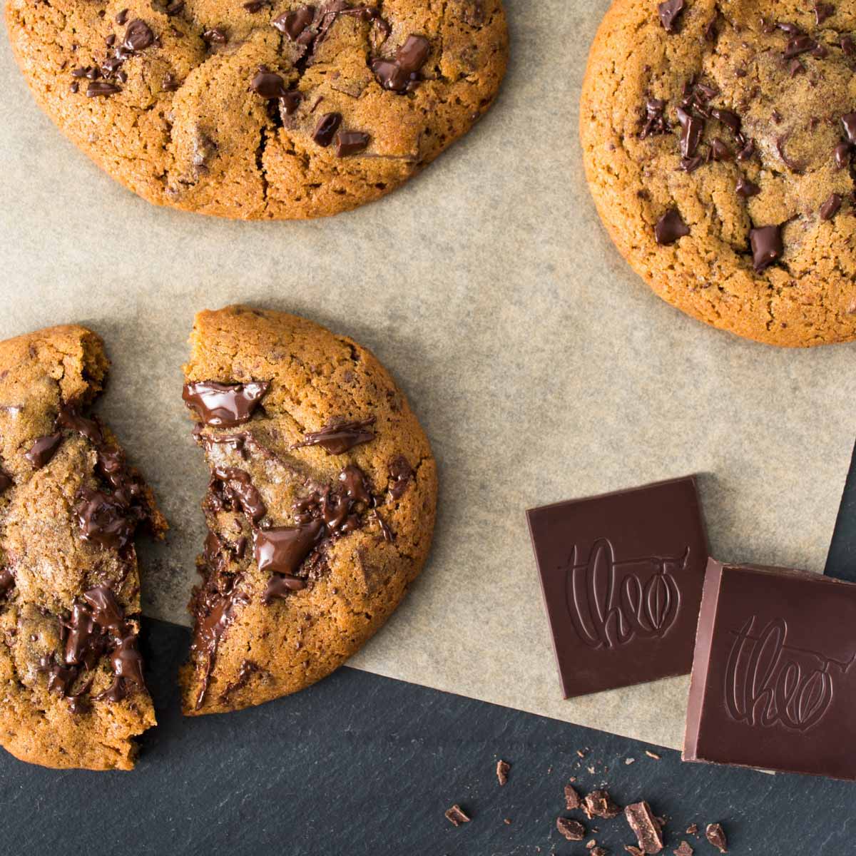 Theo chocolate chunk cookies on parchment paper