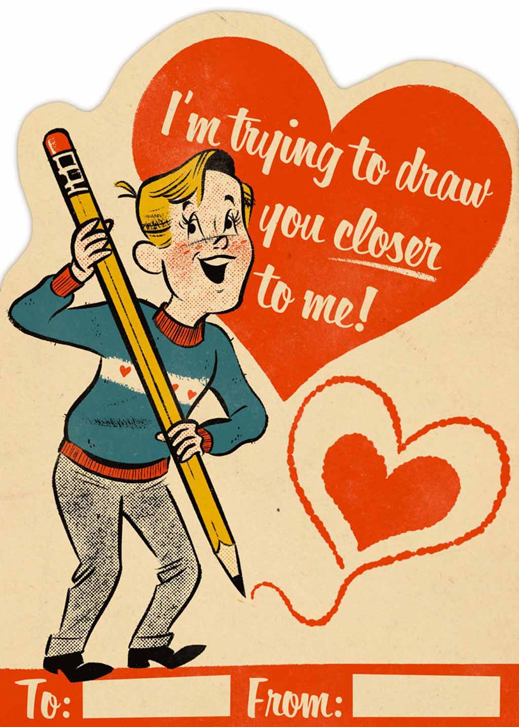 Valentines card design featuring a person holding a pencil created in Procreate