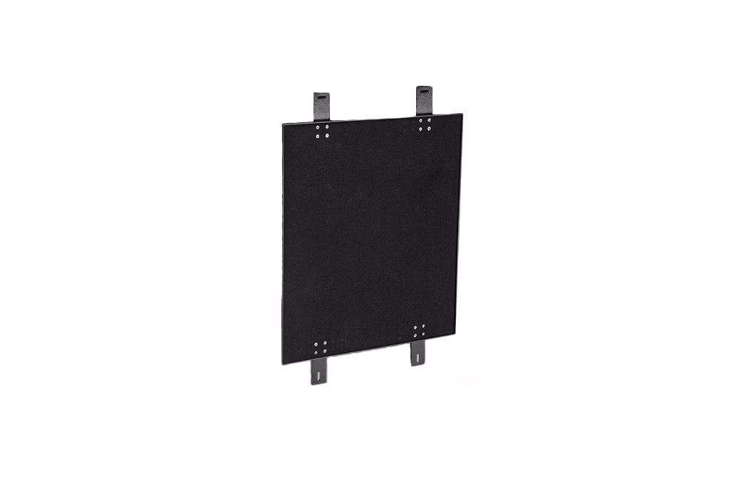 Black rectangular panel secured with metal clips on a white background.