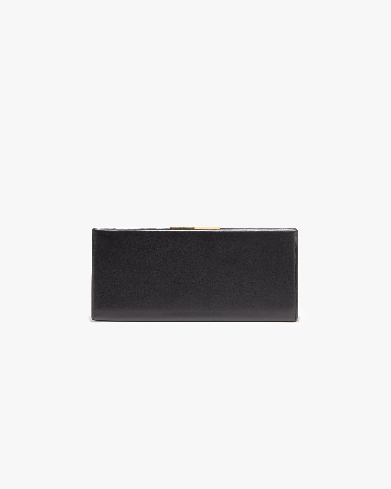 Black clutch wallet on a plain background.
