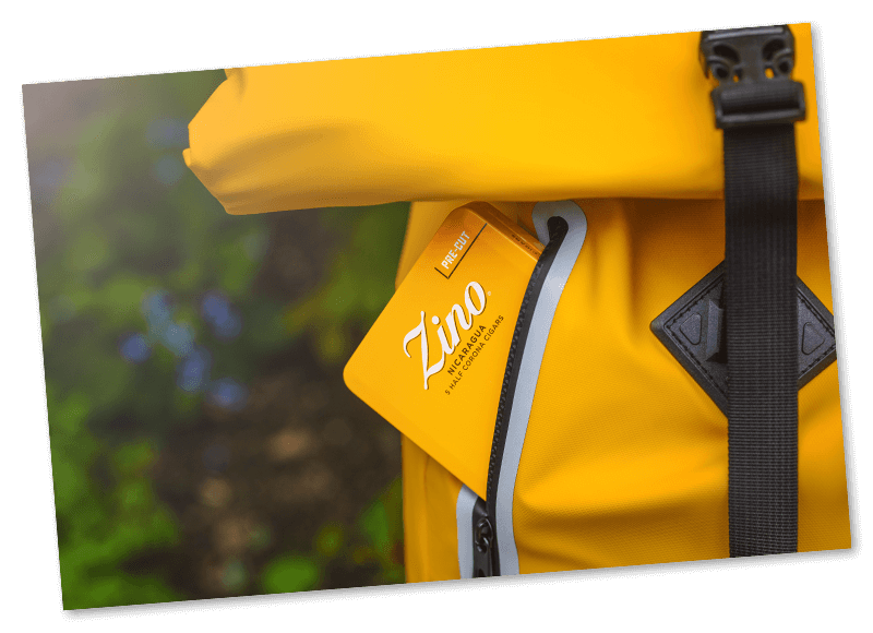 The yellow tin of the pre-cut Zino Nicaragua Half Corona cigars looking out from the pocket of a yellow outdoor backpack.