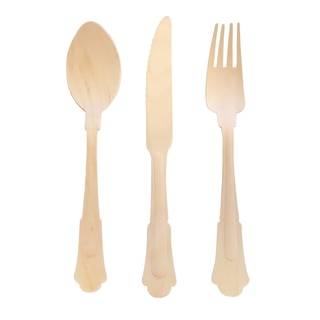 A wooden fork, knife, and spoon in an elegant design