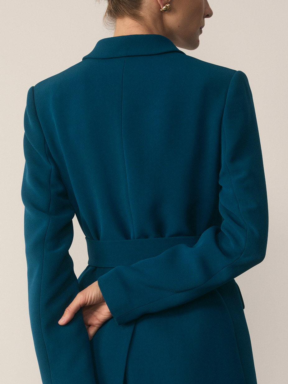 Model wearing Clever Crepe Doppio Almeida Jacket Dark Teal