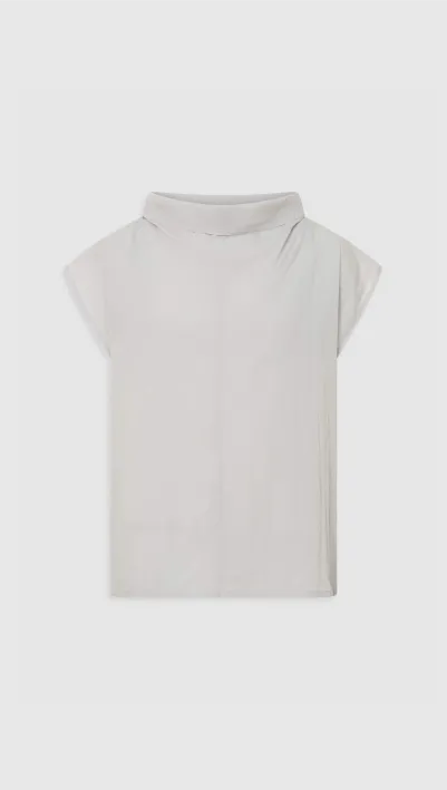 Light gray short-sleeve top with a cowl neckline.