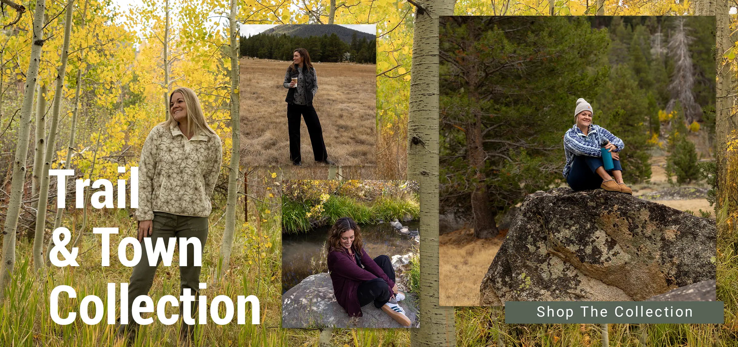 Four models showcasing outdoor clothing in a natural setting.