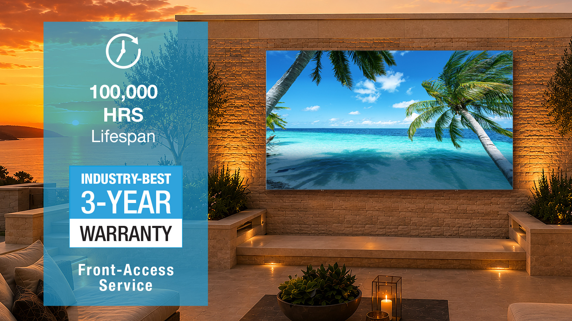 100,000 hour lifespace, 3-year warranty, front-access service