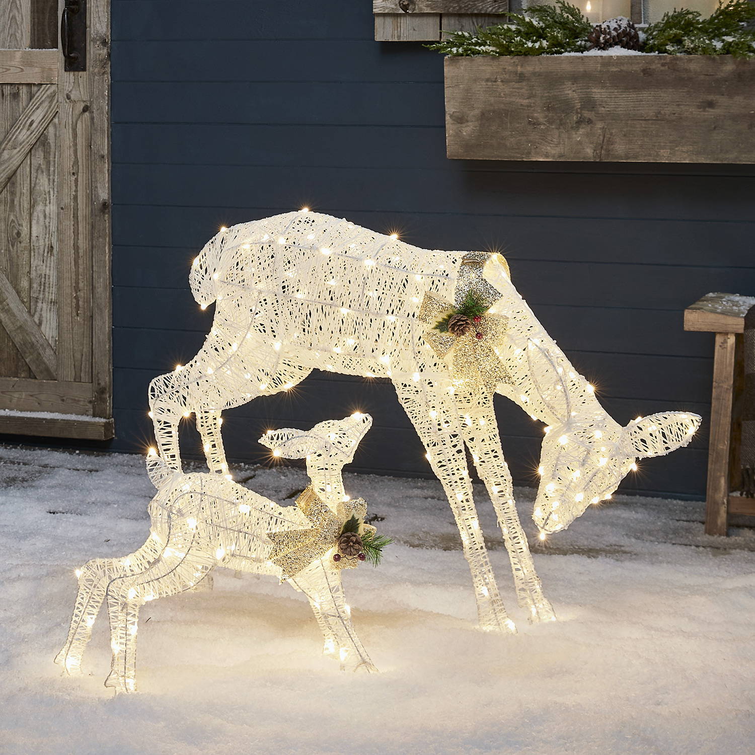  Duo de Rennes de Noël Lumineux Harewood Biche et Faon en Fils de Coton Blancs