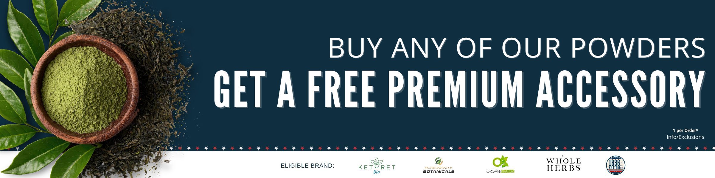 Promotional banner for powders with free premium accessory offer.
