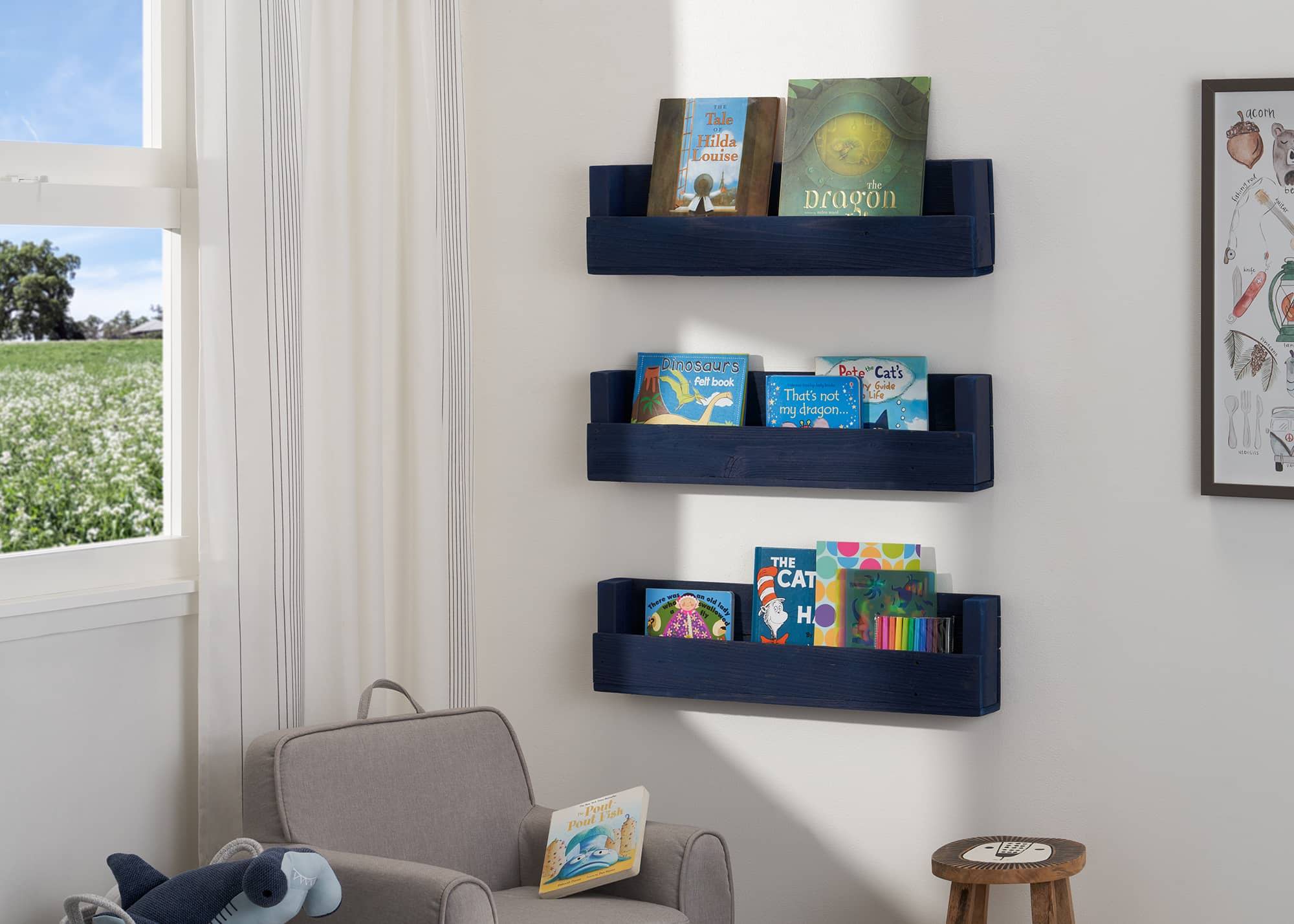 living room nursery wall shelves filled with childrens book