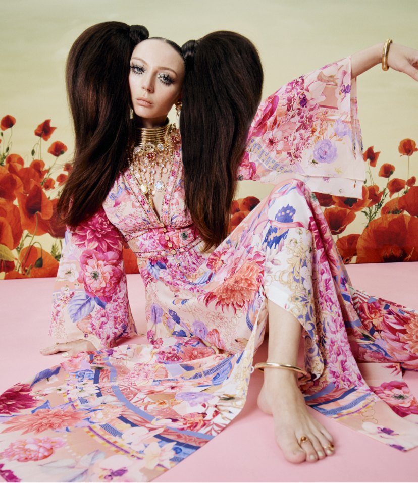 CAMILLA | Model wearing pink maxi dress | rosebed rendezvous print