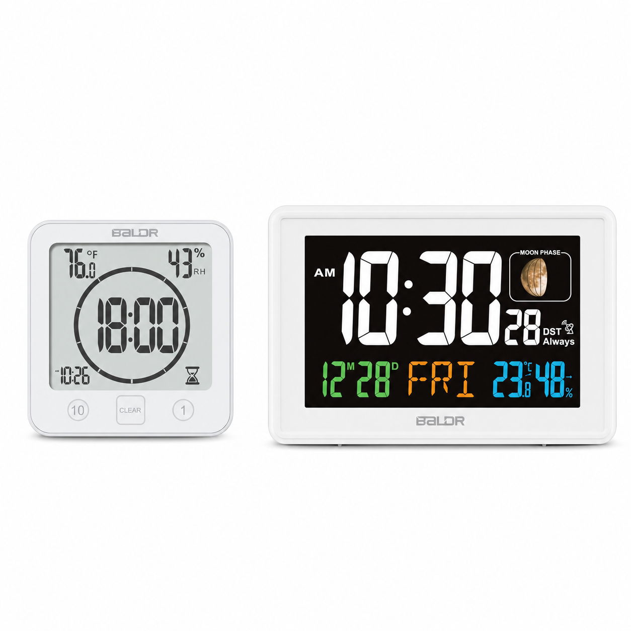 Two digital clocks displaying time and temperature on a white background.