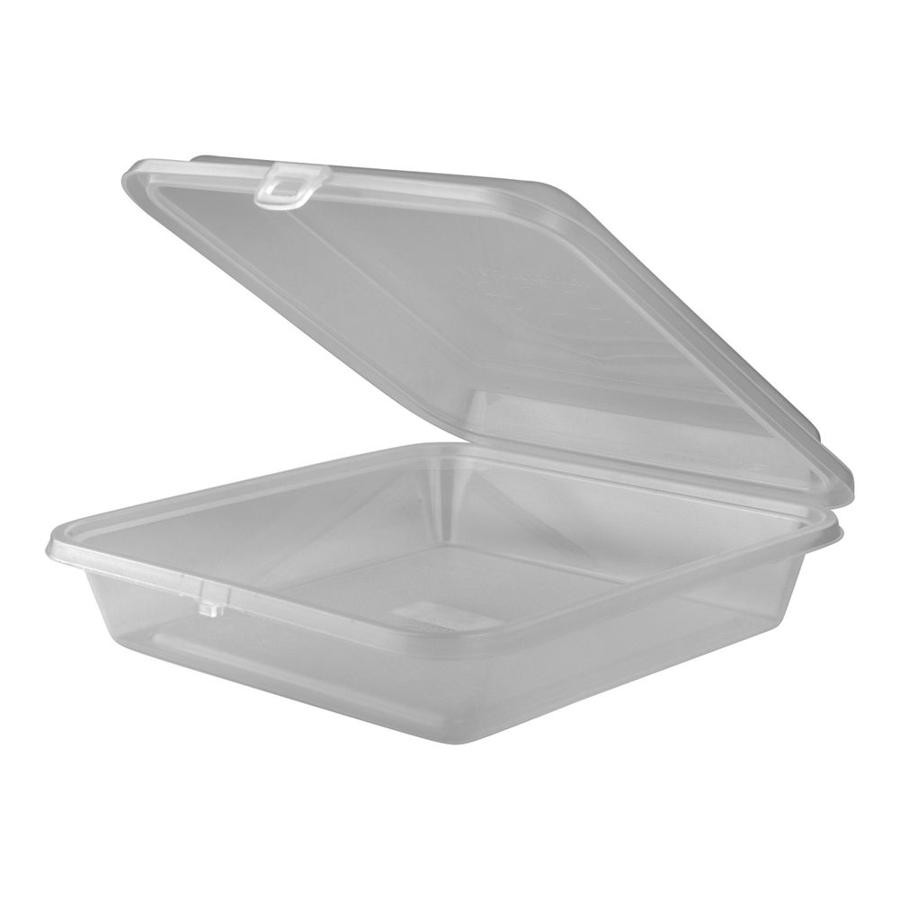 Clear plastic container with a hinged lid, partially open.