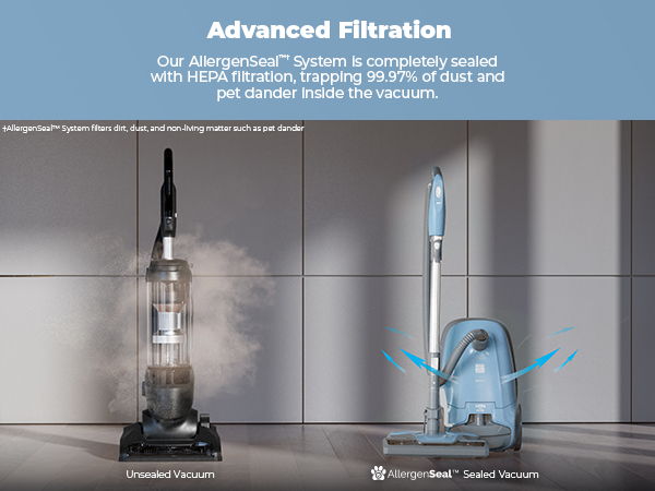 Vacuum cleaners showcasing advanced filtration technology in a modern setting.