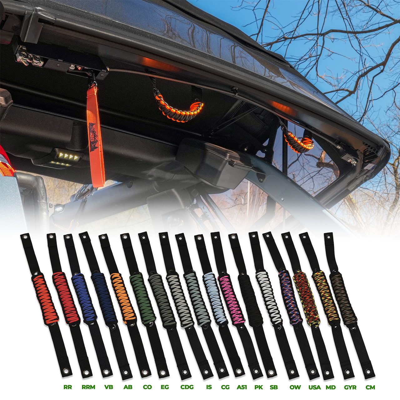 Various colored straps displayed under a vehicle's trunk lid.
