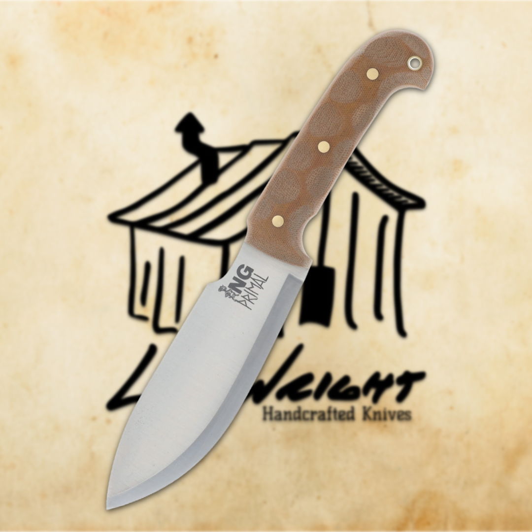 Knife with a wooden handle against a textured background with a logo.