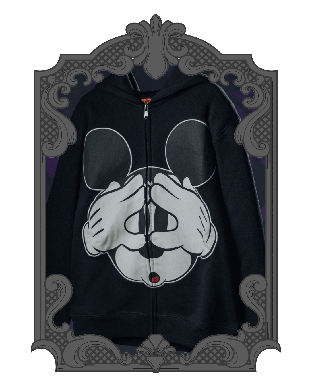 Black hoodie with a large Mickey Mouse face design.