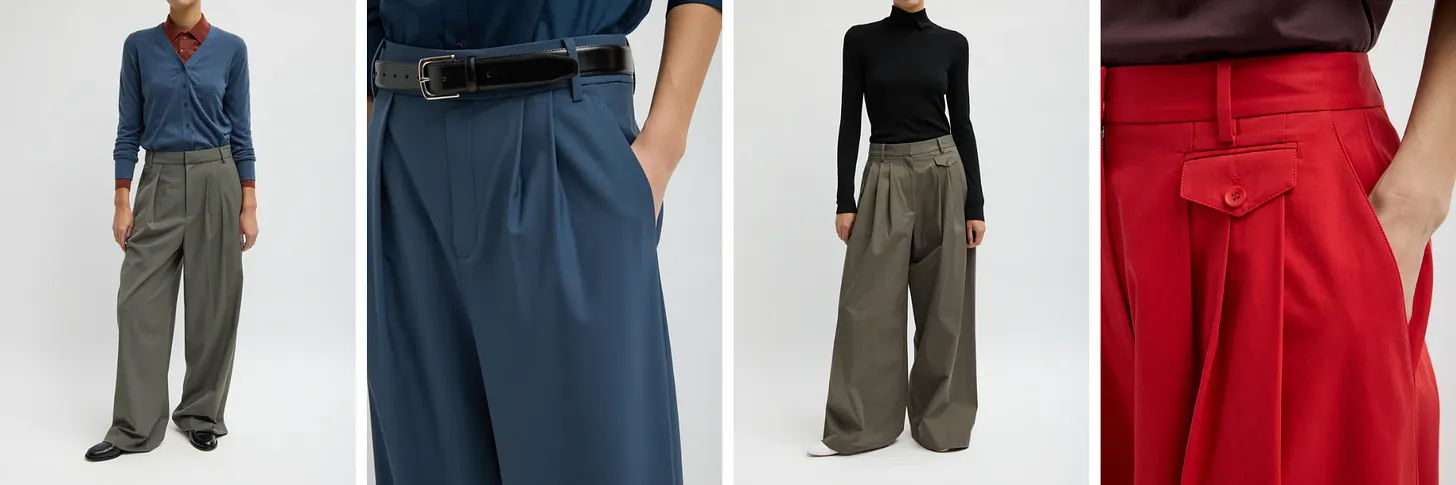 Four models showcasing different styles of wide-legged trousers.