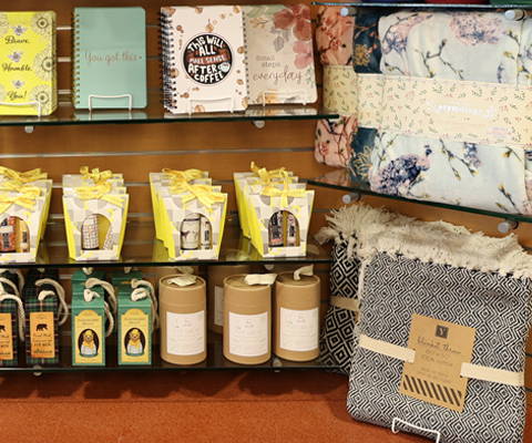 Blankets, journals, and bath & body gifts at the Cloverkey gift shop at Northwestern Medicine Delnor Hospital