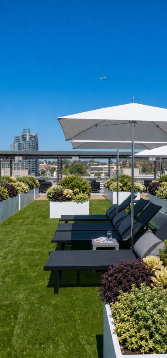 Rooftop lounge area with chairs, umbrellas, and lush greenery under a clear blue sky.