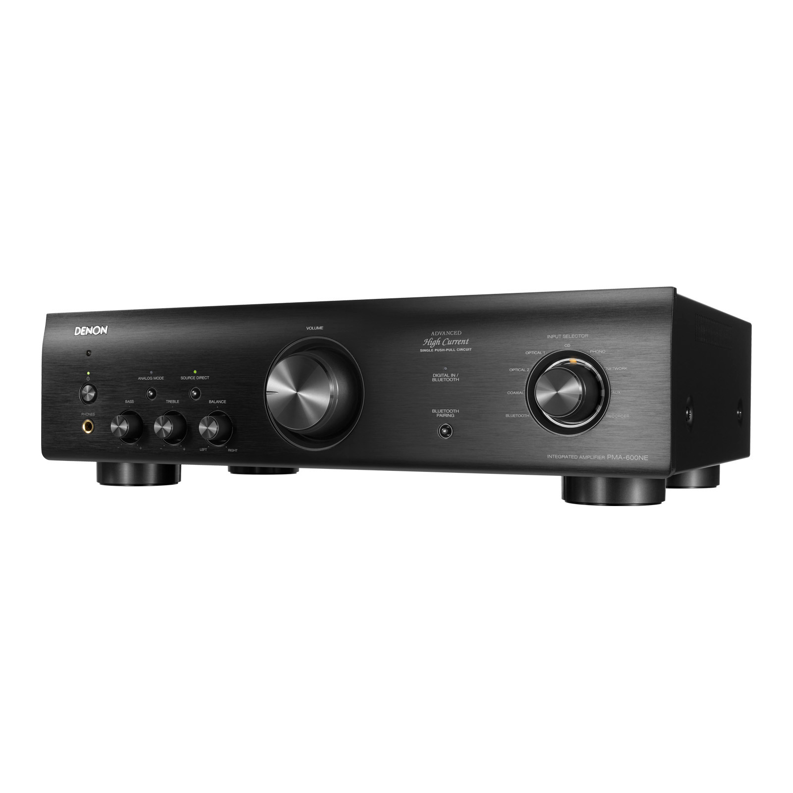 Black audio amplifier with knobs and buttons on the front panel.