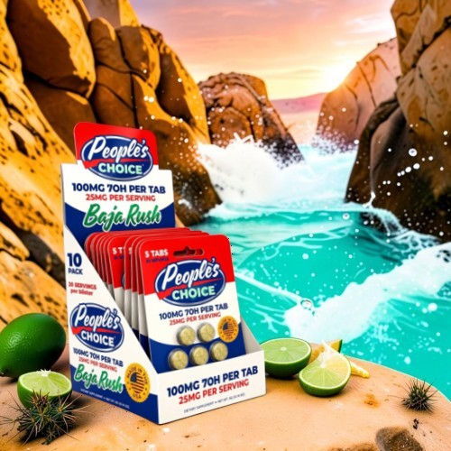 People's Choice seasoning tabs displayed by a beach and ocean backdrop.