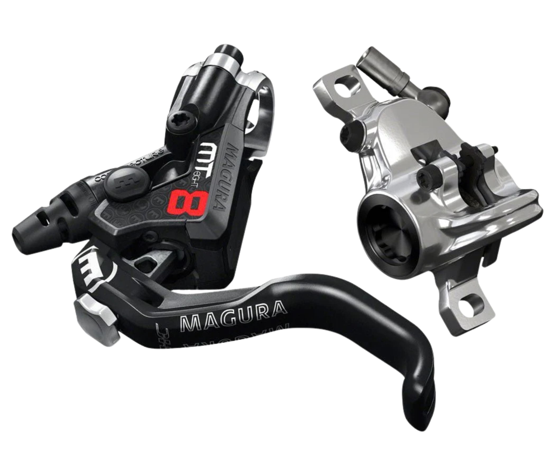 Two bike brake levers, one black and one silver, displayed side by side.