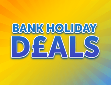 Text promoting bank holiday deals on a bright yellow background.