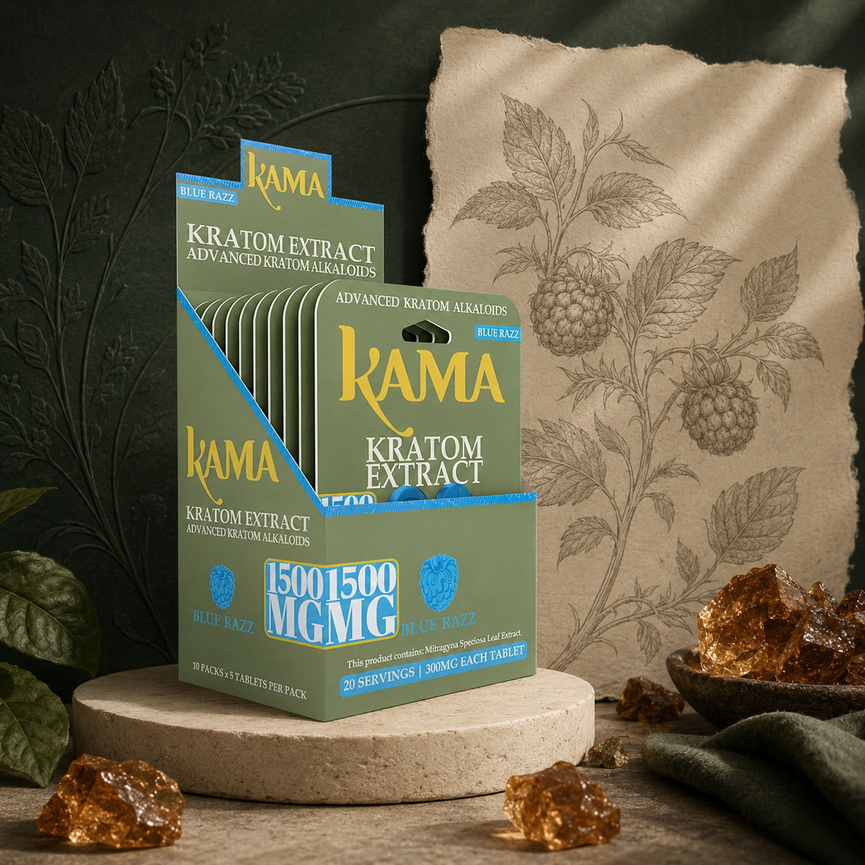 Kama Kratom product display with green packaging and botanical background.
