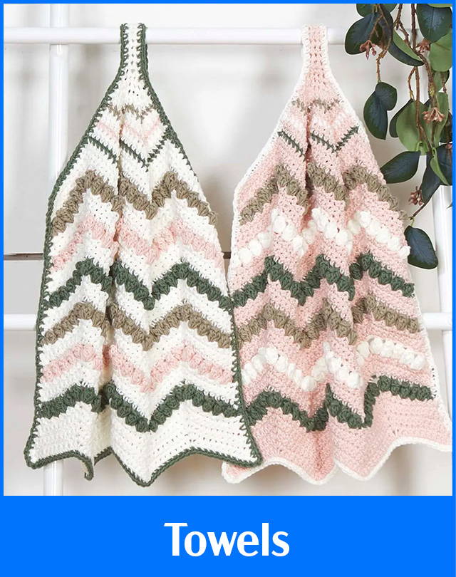 Text: Towels. Image: Herrschners Cottage Ripple Towels Crochet Kit.