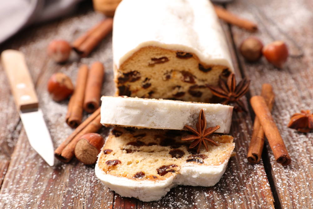 Traditional German Stollen cake with raisins