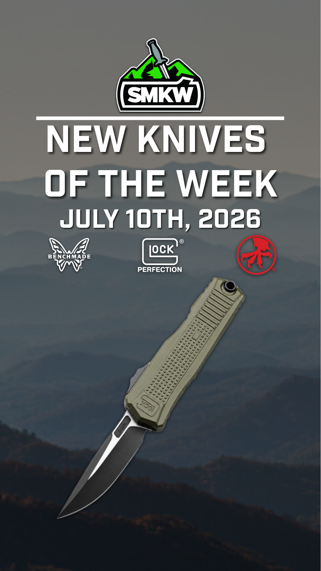Promotional image for new knives, featuring a folding knife and text details.