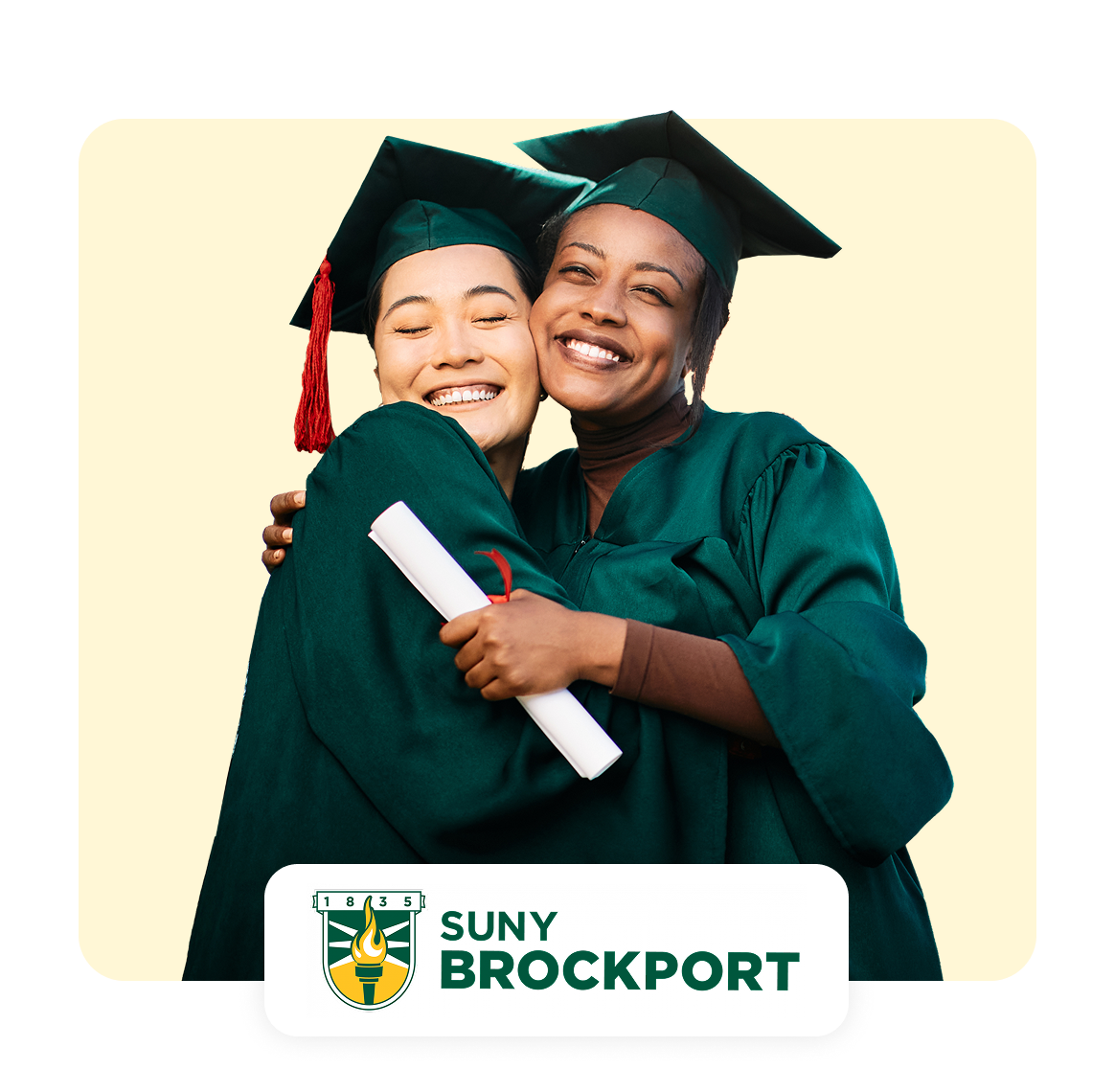 Two graduates in caps and gowns hugging joyfully. SUNY Brockport logo included.