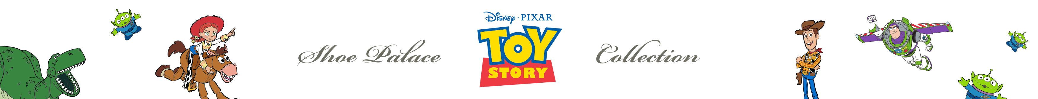 Toy Story characters logo with Buzz Lightyear, Woody, and others.