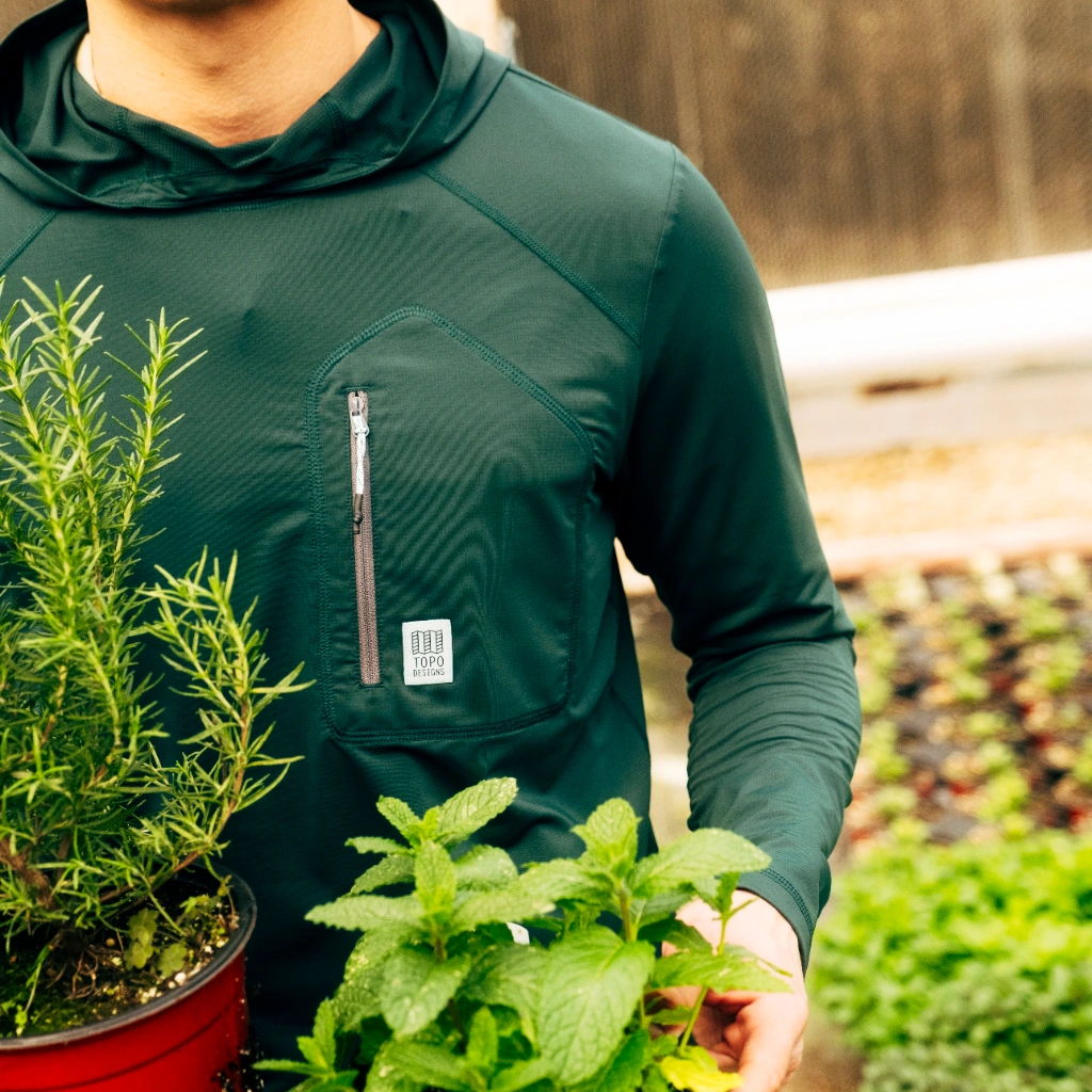 Person holding potted herbs in a greenhouse setting, wearing a green hoodie.