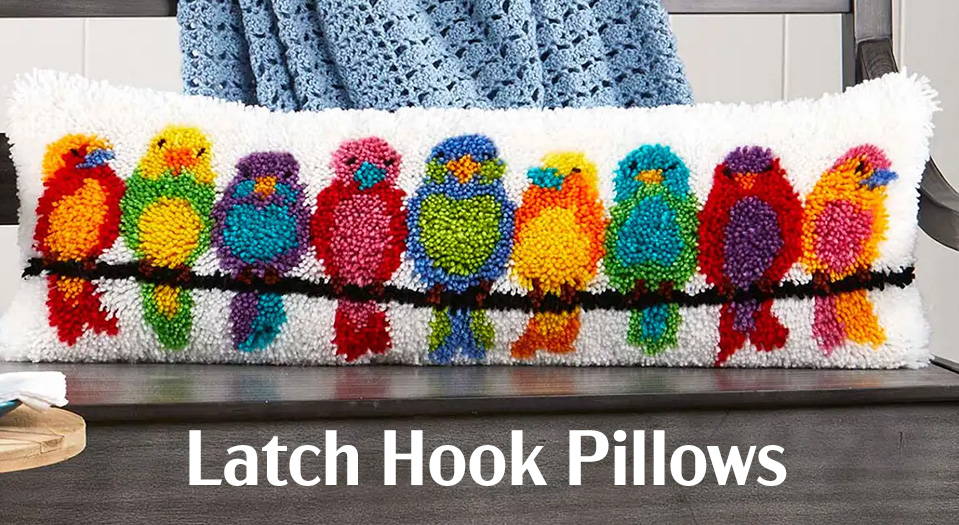 Text: Latch Hook Pillows. Image: Herrschners Birds of a Feather Bench Pillow Latch Hook Kit.