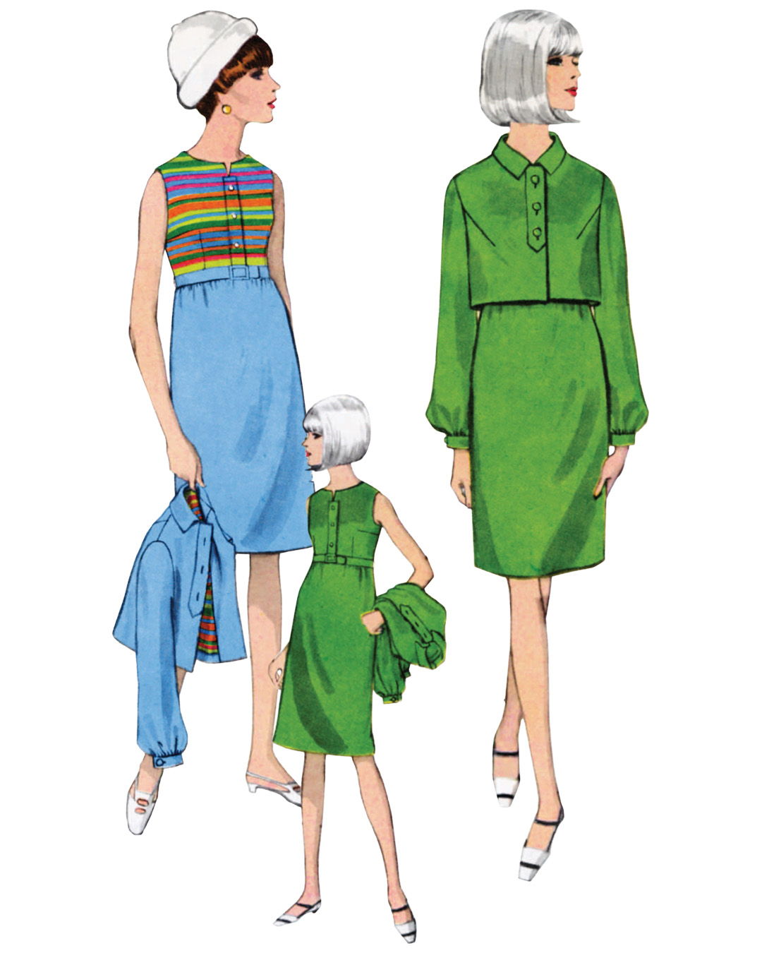 Three women in vintage dresses, showcasing 1960s fashion styles.