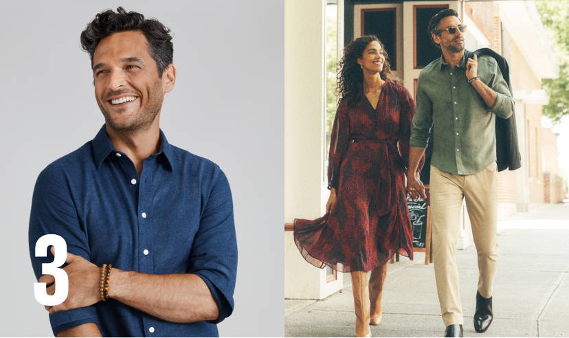 Model on the left wearing UNTUCKit Wrinkle-Free Veneto Shirt in solid teal. Models on the right are wearing the Carla dress and the Veneto in Forest Green with 5 Pocket pants in khaki. 
