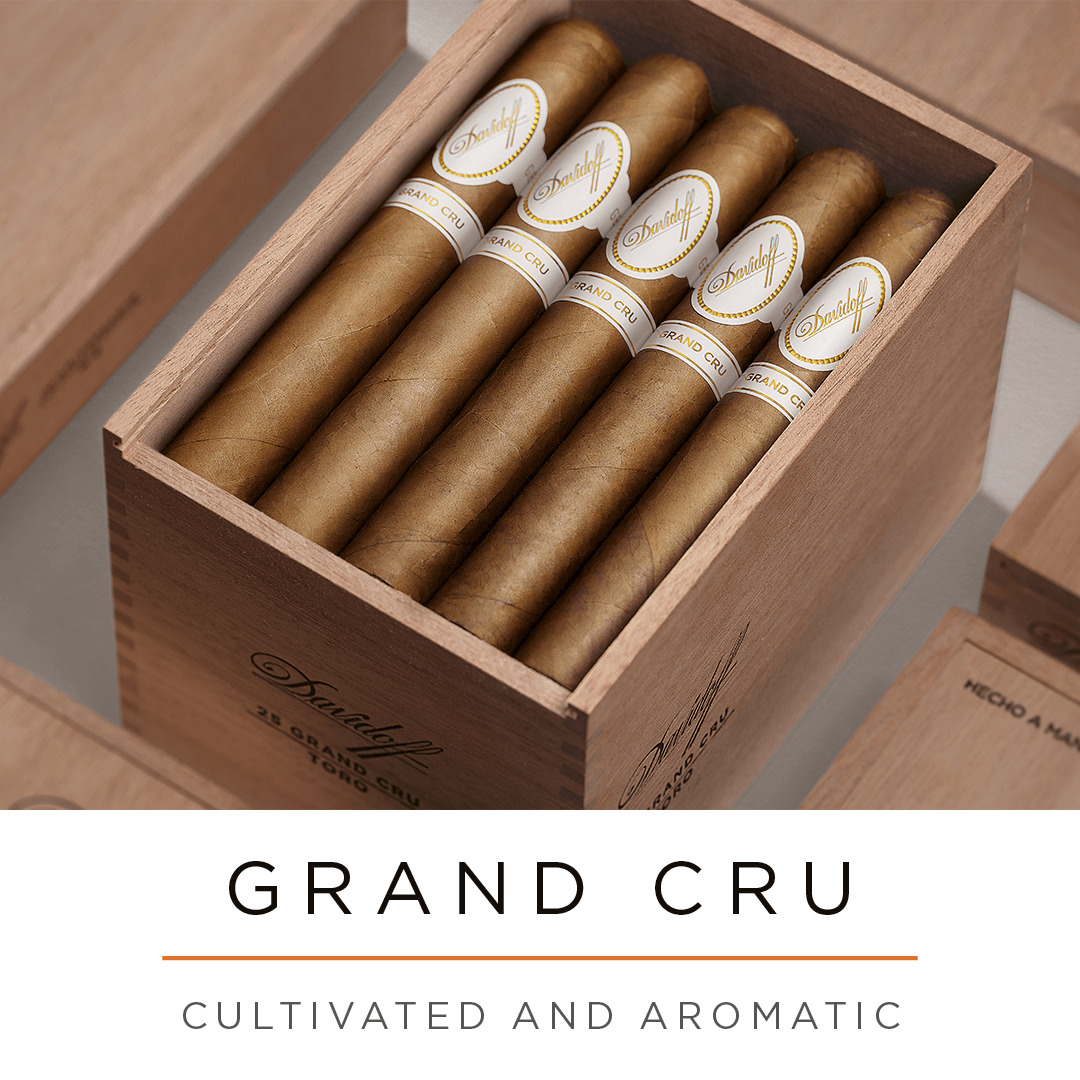Opened wooden box of Davidoff Grand Cru Toro cigars