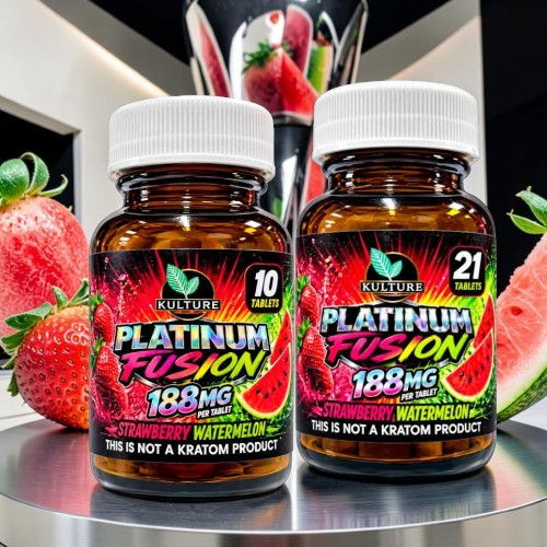Bottles of Platinum Fusion supplements with strawberry graphics and background.