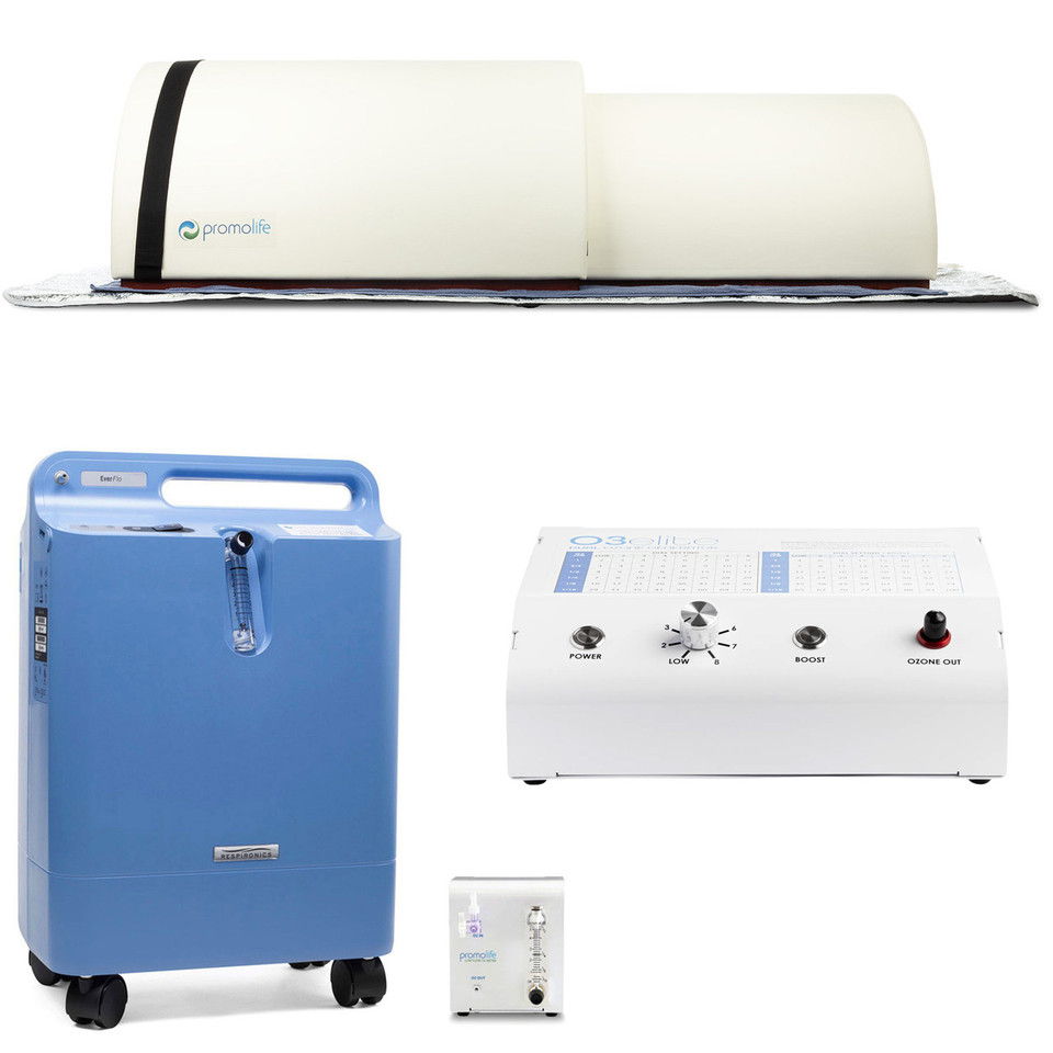 Medical equipment including a therapy machine and oxygen concentrator.