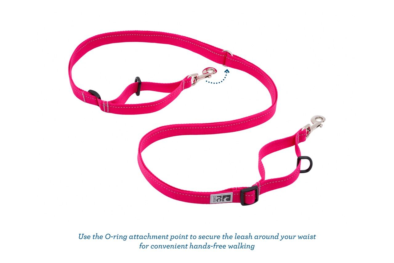 Pink dog leash with clips and adjustable features for hands-free walking.