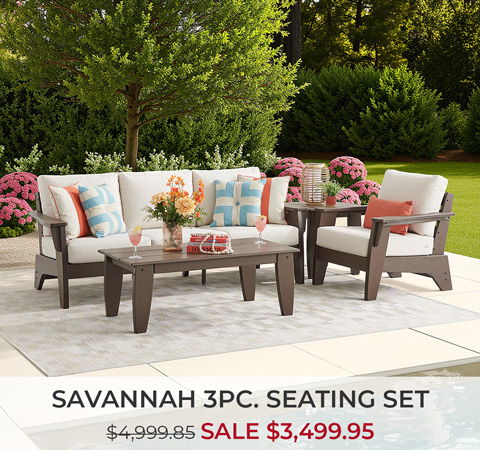 Savannah 3-piece seating set on a patio with flowers and greenery.