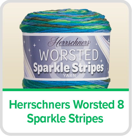Herrschners Worsted 8 Sparkle Stripes yarn in blue and green colors.