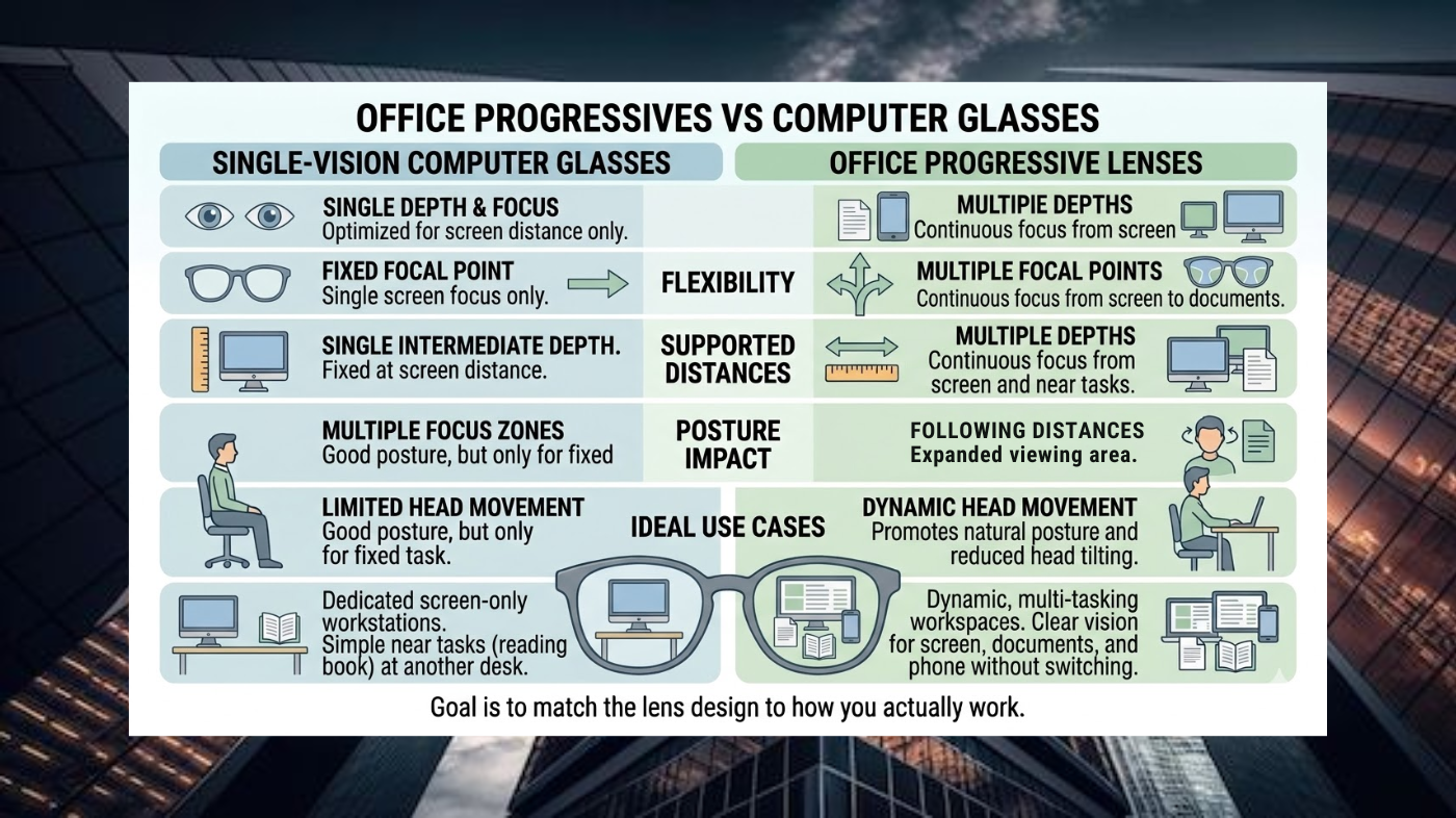  Comparison chart showing differences between office progressive lenses and single-vision computer glasses.