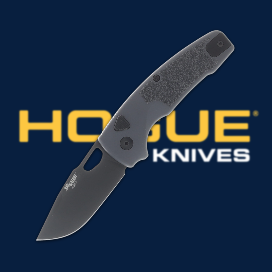 Folding knife with a gray handle against a blue background with 